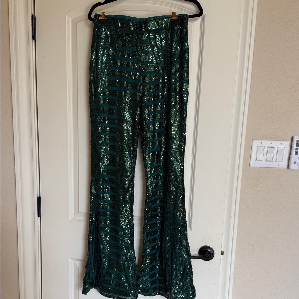 Source Unknown Green Sequin Wide Leg Pants